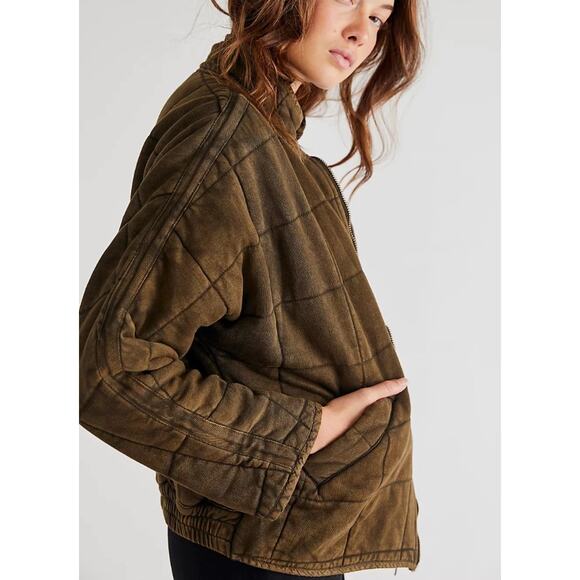Free People Oversized Quilted Military Green Knit Zip Up Jacket Size M - Picture 2 of 9